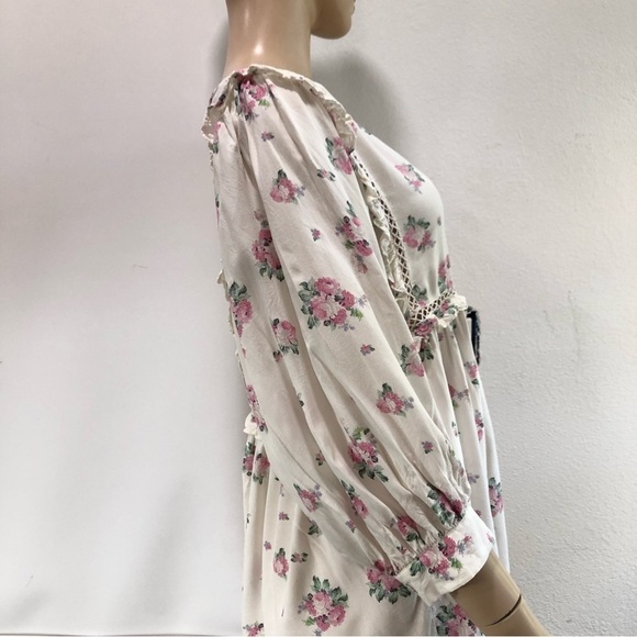 asos floral mini romantic print puff sleeve dress embroidery V-neck button front - Picture 16 of 16